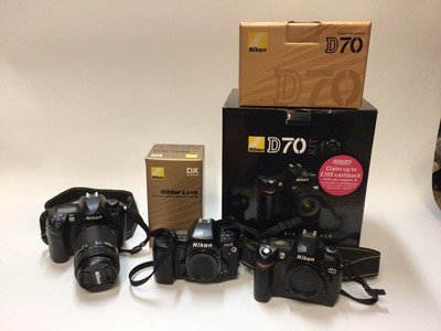 Lot 2368 - Group of Nikon DSLRs and accessories, including a D70 kit, F90X body, D100 and lend