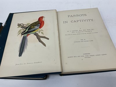 Lot 1703 - W. T. Greene -  Parrots in Captivity, London: George Bell and Sons, first editions 1884-7. 3 volumes, 8vo, original tooled cloth binding