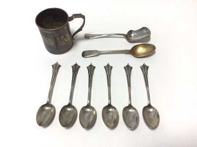 Lot 39 - Georgian silver mug, 6 silver Onslow Pattern teaspoons and two others