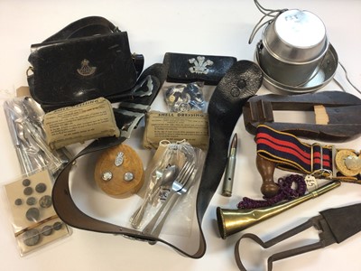 Lot 600 - Two boxes of mixed Militaria to include mess tins, mess cutlery, ammunition pouches and other items (2 boxes)