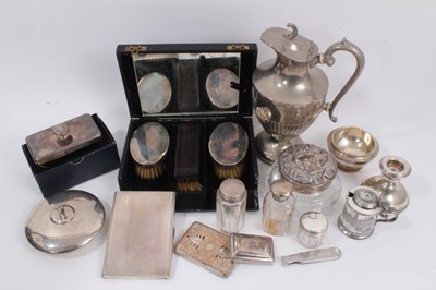 Lot 1007 - George VI silver cigarette case with engine turned decoration, (Birmingham 1947), silver topped vanity jars, candlestick and sugar bowl (various dates and makers).