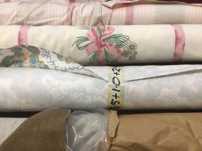 Lot 2124 - Fabric part rolls including Coral Printed in England, Covington 5th Avenue designs, 'Tiffany' Arthur Sanderson 1986 , Cream fabric by Habitat stated to 21 meters, etc.