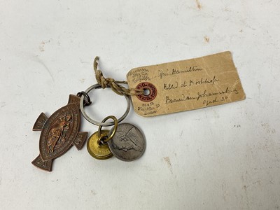 Lot 607 - Boer War interest- button, coin and fob with attached label "from Augustus V. Hamilton of Lord Alwyn Comptons Horse, shot at Boshov, 11 miles from Johannesburg, September 29th 1900.