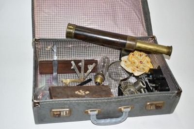 Lot 2438 - A case of sundries, including a brass three-drawer telescope by Fairey of Weymouth, a brass fleam by Joseph Rodger's, magnifiers, etc