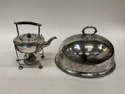 Lot 2492 - Victorian silver plated food cover, together with a Dresser style kettle on burner stand