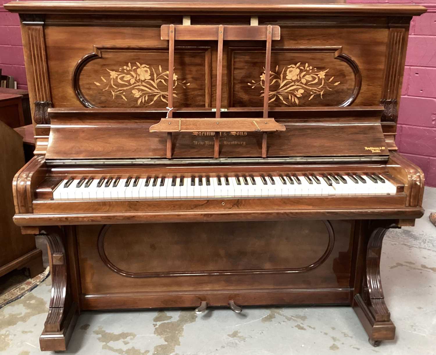 Lot 1449 - Rare late 19th century Steinway and Sons rosewood and marquetry inlaid upright piano, circa 1896