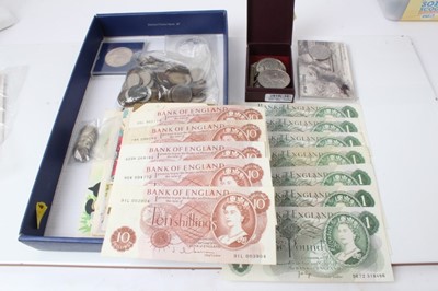 Lot 248 - G.B. - Mixed coins & banknotes to include a small quantity of silver, green £1 banknotes taken from circulation to include Cashier J.B. Page 'Replacement' note prefix MT08 AEF..