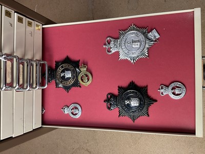 Lot 622 - Thirty draws containing a well presented collection of British Police badges and insignia with annotations, contained in a metal filing cabinet.