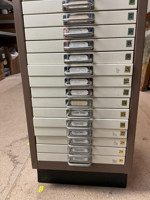 Lot 622 - Thirty draws containing a well presented collection of British Police badges and insignia with annotations, contained in a metal filing cabinet.