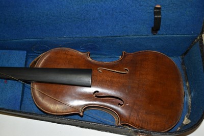 Lot 2206 - Two violins and two bows in cases (one Czech copy of a Stradivarius and another for parts)