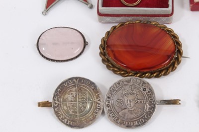 Lot 913 - Group of antique and later brooches including a silver and enamel crest, various cameos, enamelled buckle, silver fruit knives, cultured pearl necklace with 9ct gold clasp, Masonic medal and other...