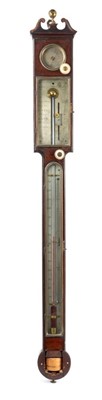 Lot 666 - Fine quality George III stick barometer in burr wood case with arched swan neck pediment and central brass ball mount, with silvered dials signed Nairne & Blunt of London, 112cm high