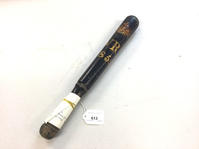 Lot 613 - Victorian painted truncheon with crowned VR cipher and date '1859', 37cm, with note stating it came from a family living in Tolleshunt D'Arcy