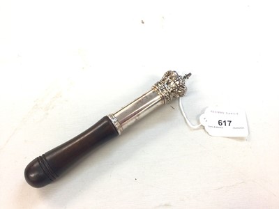 Lot 617 - Reproduction silver plated tipstaff with crown finial and turned wood handle 18.5 cm