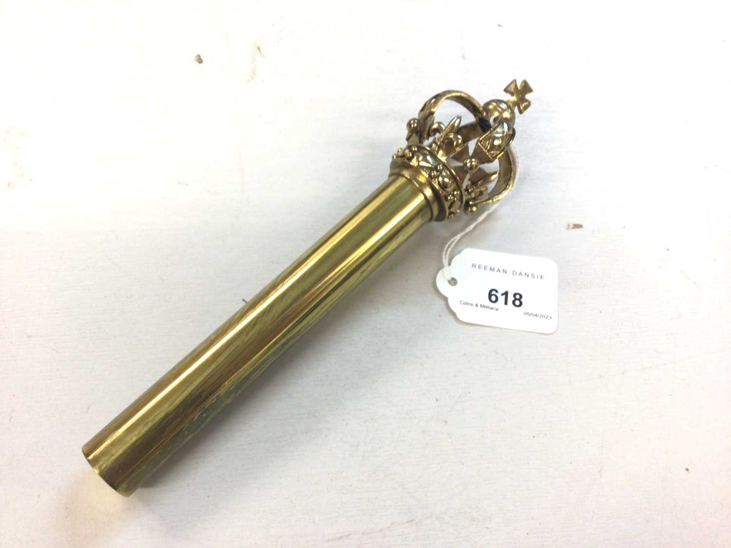 Lot 618 - Commemorative gilt brass tipstaff with crown finial and 150 year Police anniversary inscription 21.5cm