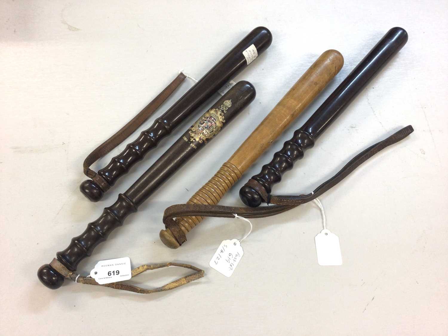 Lot 619 - Birmingham Special Constable 1916-1919 commemorative truncheon with transfer decoration and three other truncheons(4)