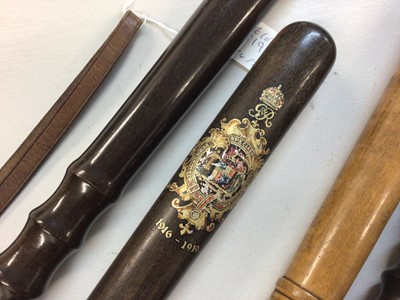 Lot 619 - Birmingham Special Constable 1916-1919 commemorative truncheon with transfer decoration and three other truncheons(4)