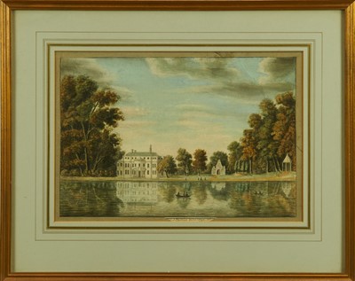 Lot 1367 - J. Phillips, late 18th century, watercolour - A Country House at Isleworth, inscribed verso 'Home of James Lacy', dated 1792, 24cm x 36cm, in glazed gilt frame