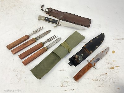 Lot 923 - Boy Scouts knife in leather sheath, together with two campaign knife and fork sets in canvas pouch, a hunting knife and a break action cap gun.