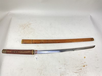 Lot 925 - Antique Japanese katana sword blade with signed tang and three grip holes 70.5 cm overall in wooden sheath and civilian mount