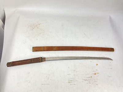 Lot 925 - Antique Japanese katana sword blade with signed tang and three grip holes 70.5 cm overall in wooden sheath and civilian mount