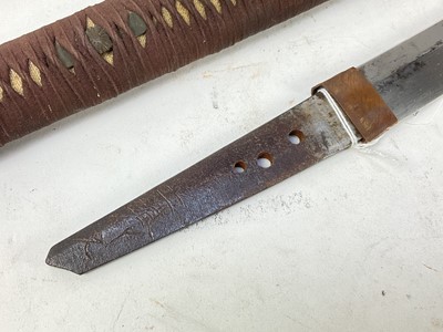 Lot 925 - Antique Japanese katana sword blade with signed tang and three grip holes 70.5 cm overall in wooden sheath and civilian mount