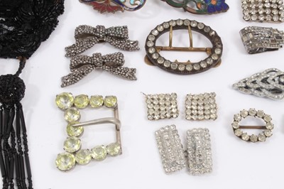 Lot 945 - Collection of vintage paste set and enamelled buckles, hair slides and a beadwork scarf/ necklace