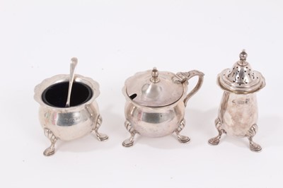 Lot 947 - Silver three piece condiment set, Victorian silver mounted ruby glass double ended scent bottle, together with other silver items