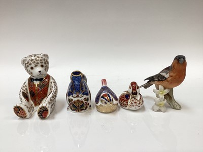 Lot 1281 - Four Royal Crown Derby paperweights - Debenhams Squirrel, Teddy Bear, Bird and Duck, together with a Goebel Chaffinch (5)
