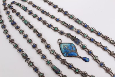 Lot 951 - Art Nouveau silver and enamel drop pendant, 4.5cm, and long chain with enamelled flower head links, 134cm