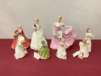 Lot 1290 - Eight Royal Doulton figures including Rachel HN3976, Take Me Home HN3662 and Janet HN1537