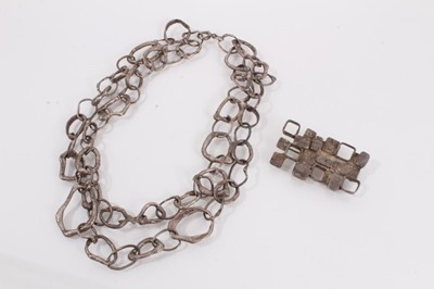 Lot 954 - 1970s silver abstract link double row necklace and brooch, both by Graham Watling