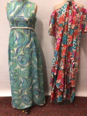 Lot 2128 - 1970s and 1980s designer clothing including multicolour silk dress by Janice Wainwright, printed paisley tie-neck blouse by Caroline Charles, gathered skirt by Jean Varon, Gina Frattini lined max...