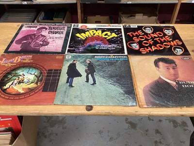 Lot 2222 - Two boxes of LPs and singles, including The Shadows, Joan Baez, Simon & Garfunkel, classical etc