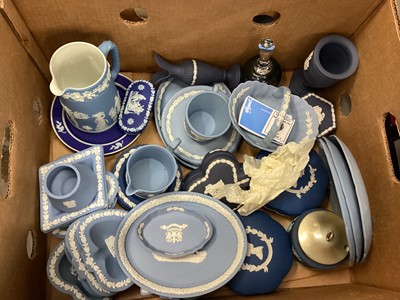 Lot 1303 - Selection of Wedgwood blue Jasper ware including plates, jugs trinket boxes and dishes etc - 1 box