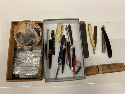 Lot 2574 - Group of pens, including Waterman and Conway Stewart, together with a group of coins and cut throat razors