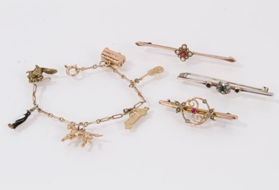 Lot 513 - Three Edwardian gem-set brooches and a gold charm bracelet