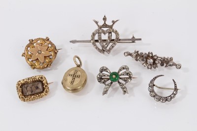 Lot 514 - Georgian gold mourning brooch, 19th century continental gold brooch, locket and four antique paste set brooches