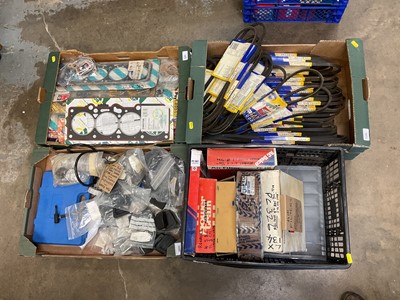 Lot 2022 - Collection of motor factors spare parts and service items to include fan belts, air filters, gaskets and pedal rubbers (4 boxes)