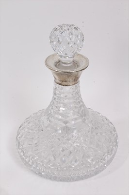 Lot 973 - Silver mounted cut glass decanter, silver topped glass trinket box, two Continental white metal spoons and pair of French mother of pearl opera glasses