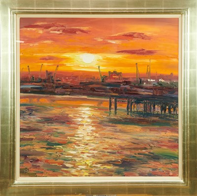 Lot 1228 - *Judith L. Bridgland (b.1962) oil on canvas - Setting Sun over Harbour, signed, in glazed frame