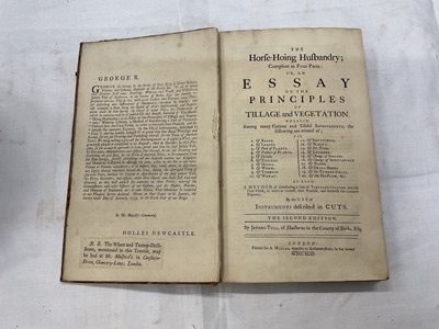 Lot 1672 - Group of leather bound antiquarian agricultural books including Jethro Tull - The Horse-Hoing Husbandry, 2nd edition, A. Millar, 1743, together with Marshall - Experiments and Observations concerni...