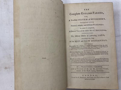 Lot 1672 - Group of leather bound antiquarian agricultural books including Jethro Tull - The Horse-Hoing Husbandry, 2nd edition, A. Millar, 1743, together with Marshall - Experiments and Observations concerni...