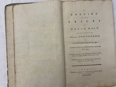 Lot 1670 - Group of oversize agricultural books in poor condition, including An Enquiry into the Price of Wheat…1768, also John Laurence - A New System of Agriculture, London 1726, (incomplete) others