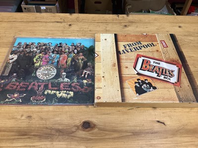 Lot 2227 - Sgt. Pepper PMC 7027, wide spine - complete in excellent condition, The Beatles box set 'From Liverpool', an ALPA vintage record album with Beatles singles and EP's including early Polydor releases...