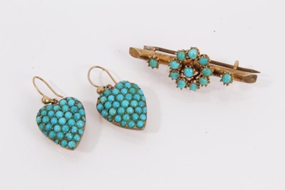 Lot 1003 - Pair of Victorian heart shaped turquoise cluster earrings and similar floral bar brooch