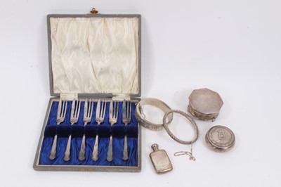 Lot 1005 - Small silver jewellery box, miniature silver bottle, French silver pot with cover, two silver bangles and a cased set of plated cake forks