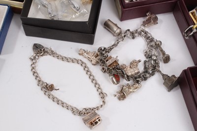 Lot 1008 - Group of silver and costume jewellery including two silver charm bracelet, silver mounted amber jewellery, simulated pearls, Stratton compact and bijouterie