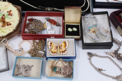 Lot 1008 - Group of silver and costume jewellery including two silver charm bracelet, silver mounted amber jewellery, simulated pearls, Stratton compact and bijouterie