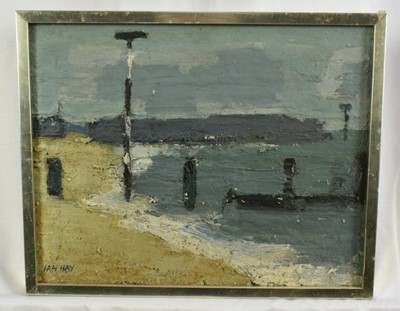 Lot 1285 - *Ian Hay (b.1940) oil on canvas - The Ruined Pier, Dovercourt, 43cm x 49cm, together with three other similar works on board, each signed, circa late 1960s (4)